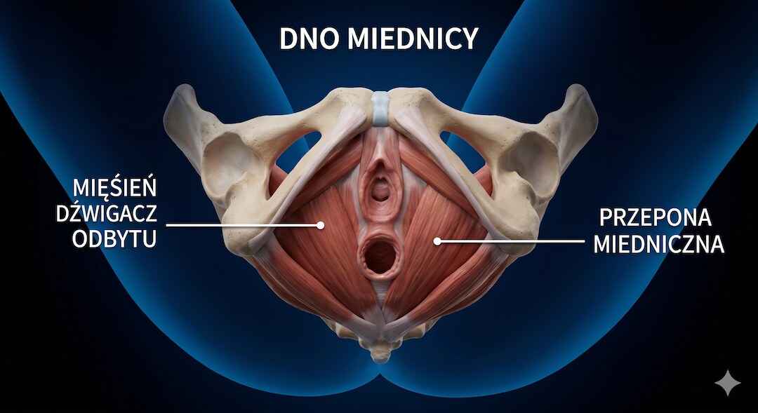 Schemat anatomiczny dna miednicy z zaznaczonymi mięśniami i opisami po polsku