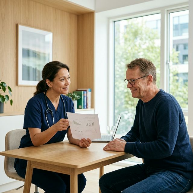 Lekarz omawiający wyniki z pacjentem w jasnym, przyjaznym gabinecie