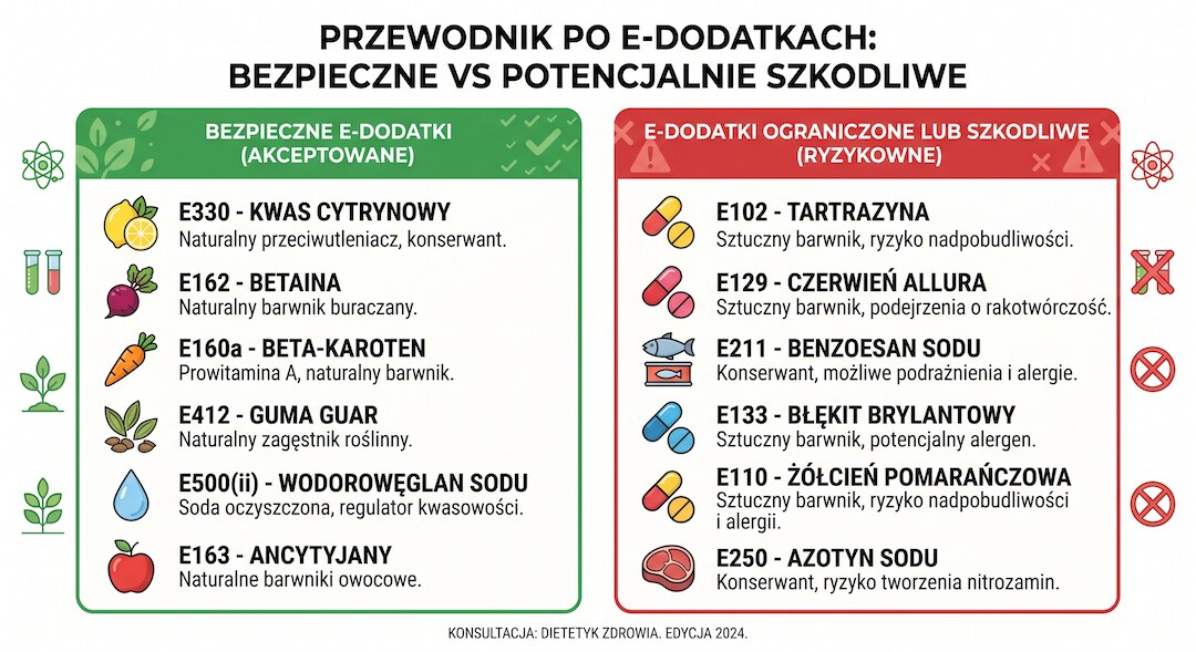 Tabela z podziałem dodatków E na bezpieczne i potencjalnie szkodliwe