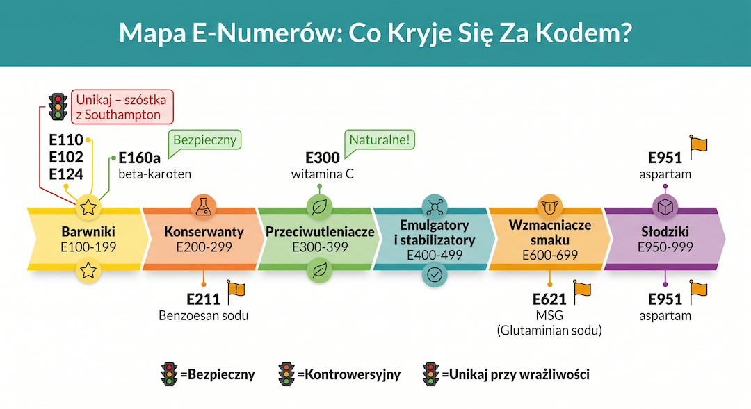 Infografika po polsku: mapa E-numerów – kolorowy diagram kategorii E100-E999 z przykładami i oznaczeniami bezpieczny/kontrowersyjny/unikać