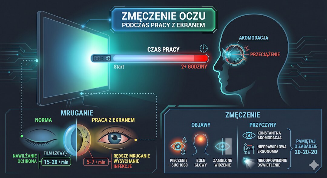 Wykres zmęczenia wzroku przy pracy z ekranem z opisami po polsku