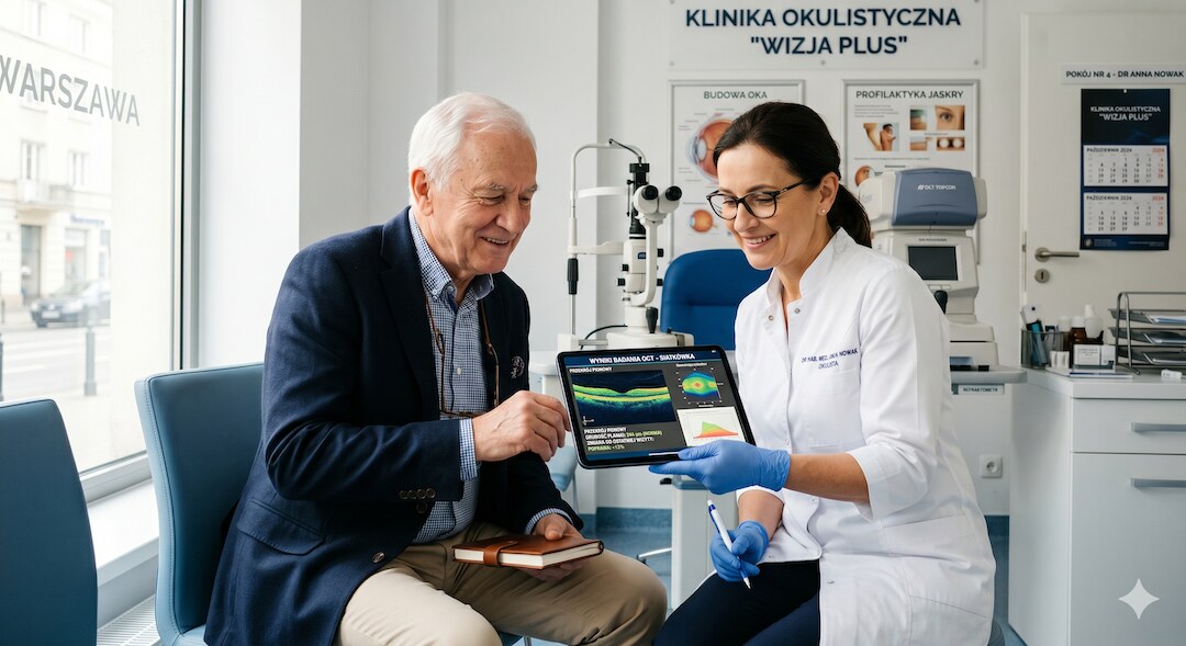 Starszy mężczyzna podczas wizyty kontrolnej w klinice okulistycznej — lekarz przegląda wyniki badań