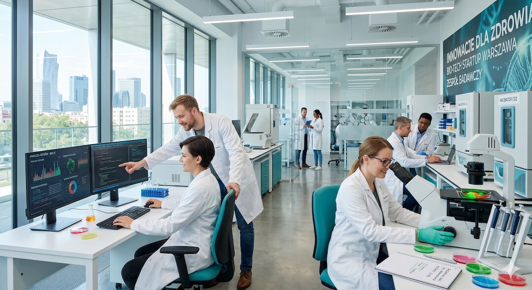 Jasne, nowoczesne laboratorium biotechnologiczne z naukowcami pracującymi przy mikroskopach i komputerach