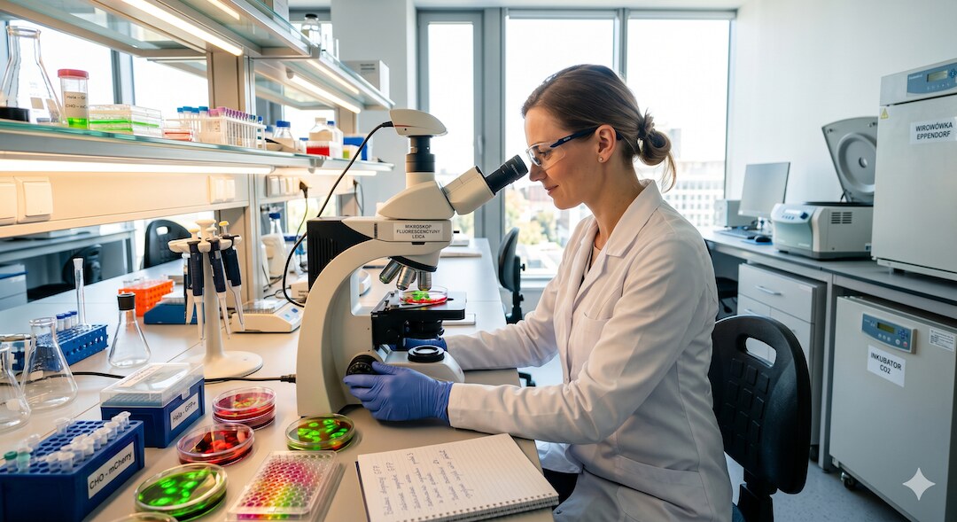 Nowoczesne laboratorium badawcze z mikroskopem i próbkami — symbolizujące badania przedkliniczne nad ER-100