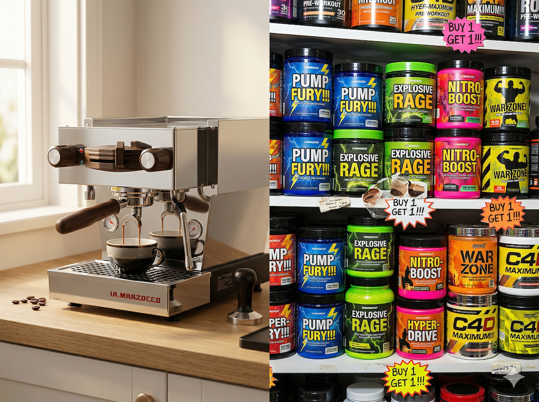 Nowoczesny ekspres do kawy kontra półka z pre-workoutami — kontrast