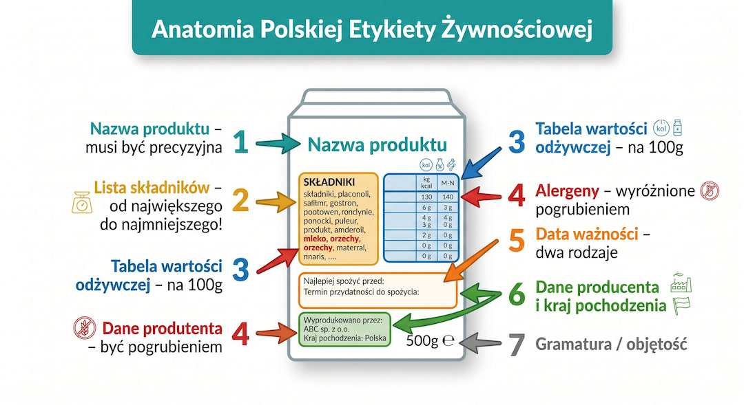 Infografika po polsku: anatomia etykiety żywnościowej – schemat opakowania z zaznaczonymi wszystkimi obowiązkowymi elementami i polskimi opisami