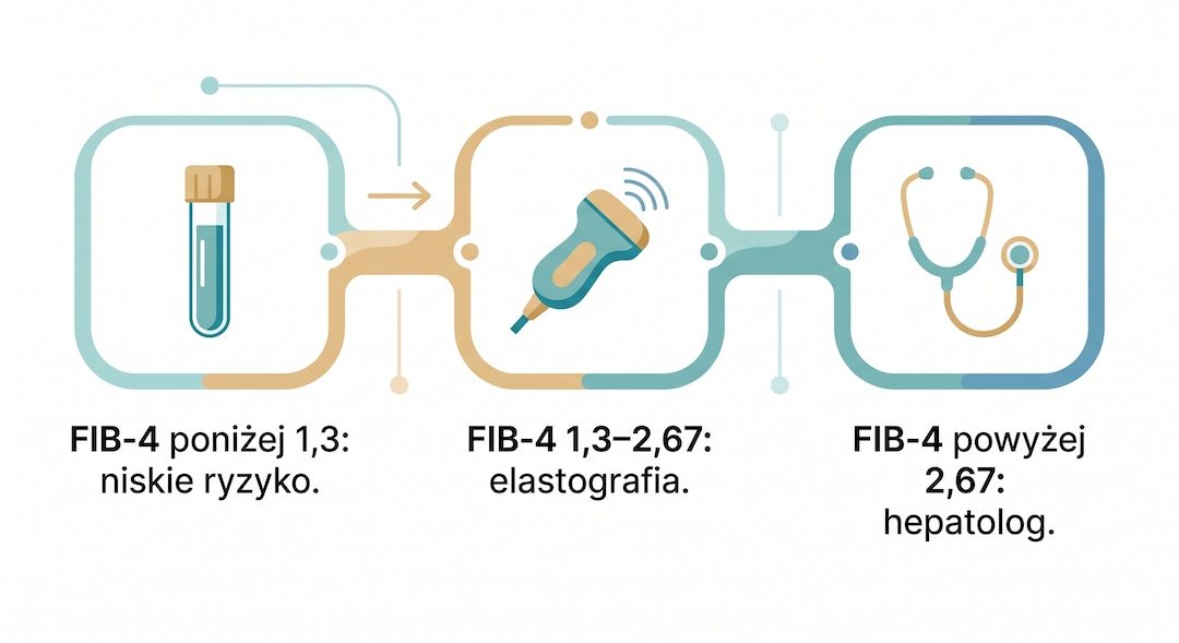 Trzy stacje schematu: niskie ryzyko przy FIB-4 poniżej 1,3, elastografia przy wartości pośredniej i skierowanie do hepatologa powyżej 2,67