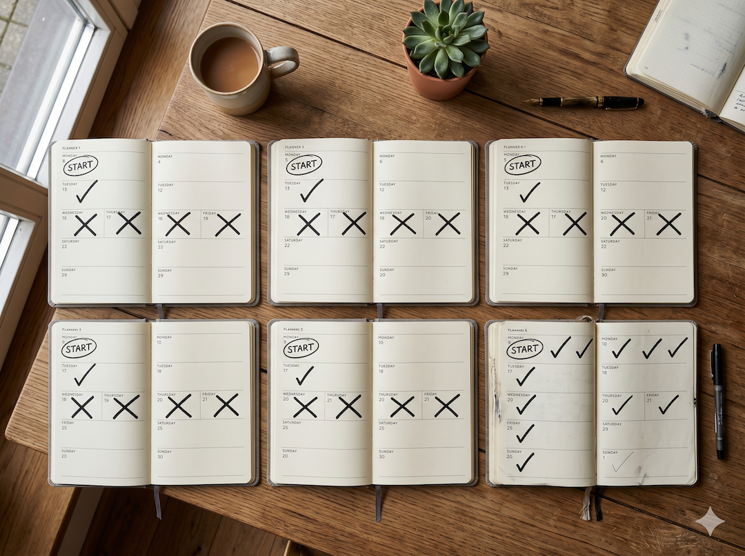 Widok z góry na serię tygodniowych planerów — każdy z zakreślonym poniedziałkiem START i porzuconą serią, szósty z ciągłymi znacznikami