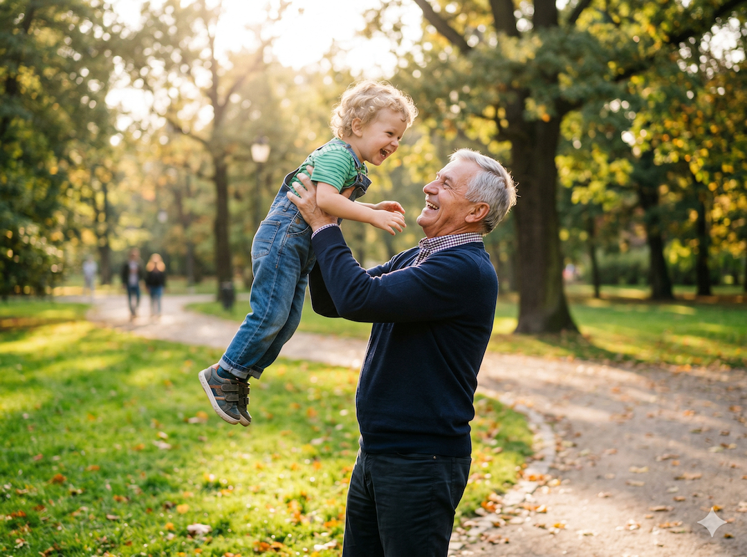 Dziadek po 70-tce unosi wnuka w parku — radość i sprawność jako cel