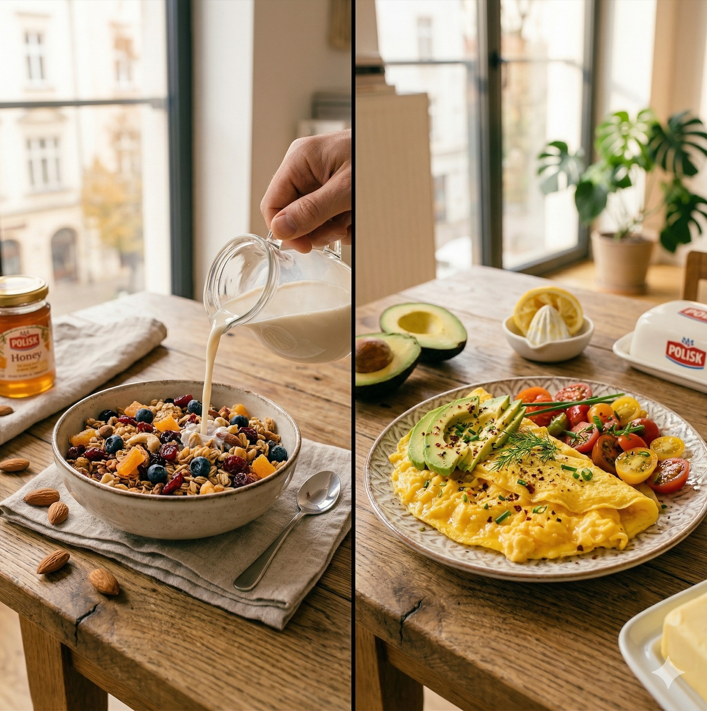 Dwa śniadania obok siebie — miska granoli z etykietą wysokiego indeksu glikemicznego i talerz jajek z awokado ze stabilną krzywą cukru