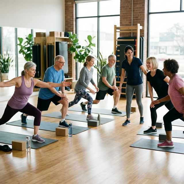 Grupowe zajęcia fitness dla osób 50+, radosna atmosfera