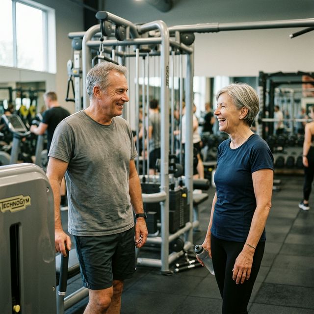 Dwie osoby po 50-tce rozmawiają swobodnie na siłowni