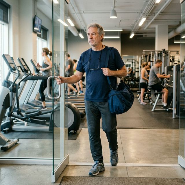 Osoba po 50-tce wchodzi na siłownię, skupiona i spokojna