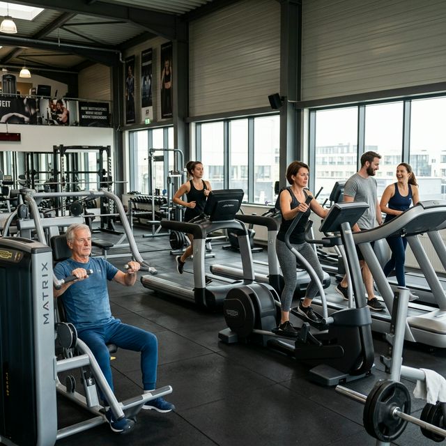 Wnętrze siłowni, spokojna atmosfera, skupieni ludzie