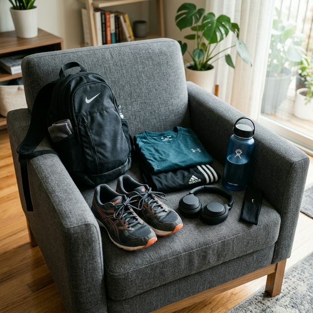 Zestaw na siłownię: plecaczek, spodenki, koszulka, buty, bidon, słuchawki