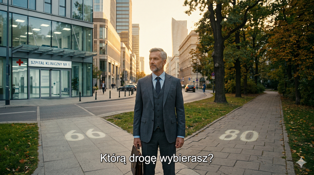 Mężczyzna po 50-tce stoi na rozstaju dróg — szpital kontra park