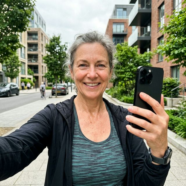 Zadowolona osoba po 50-tce po biegu w nowoczesnym mieście