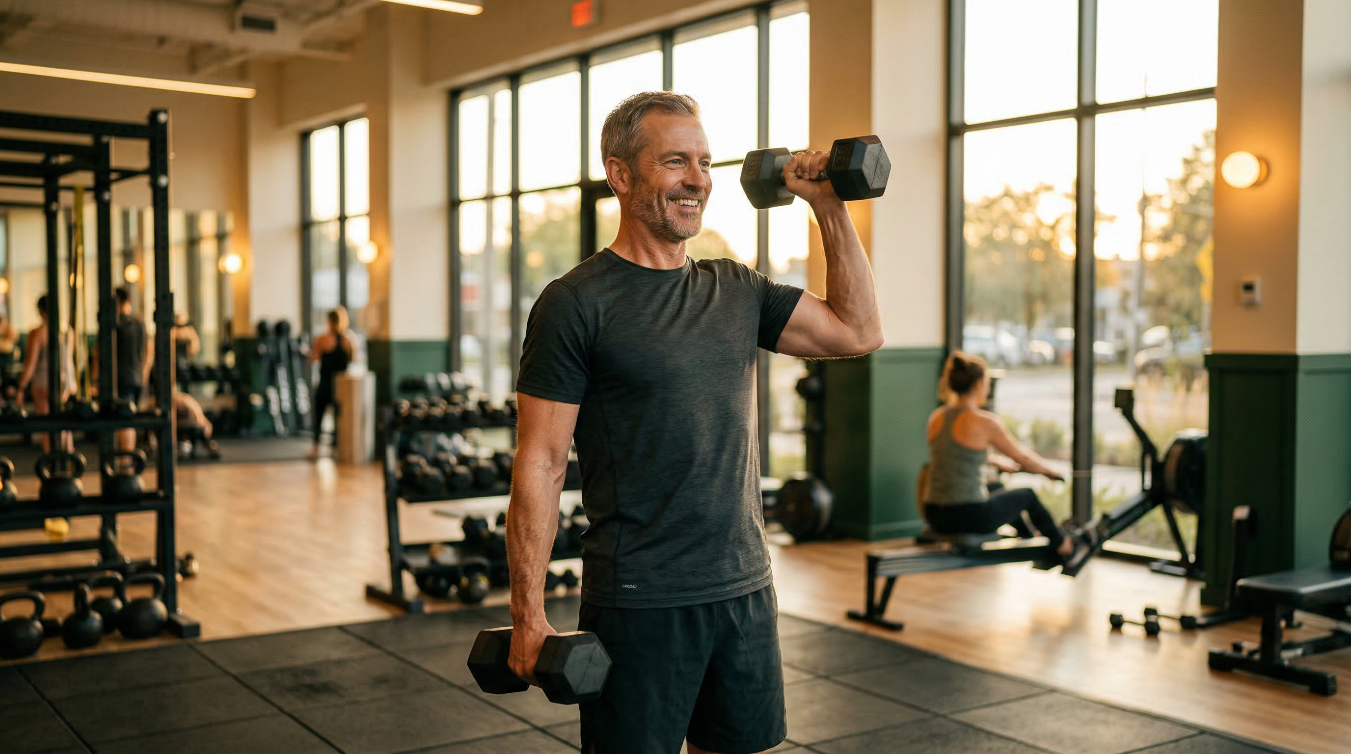 Mężczyzna po 50-tce pewnie trenujący z hantlami w nowoczesnej siłowni