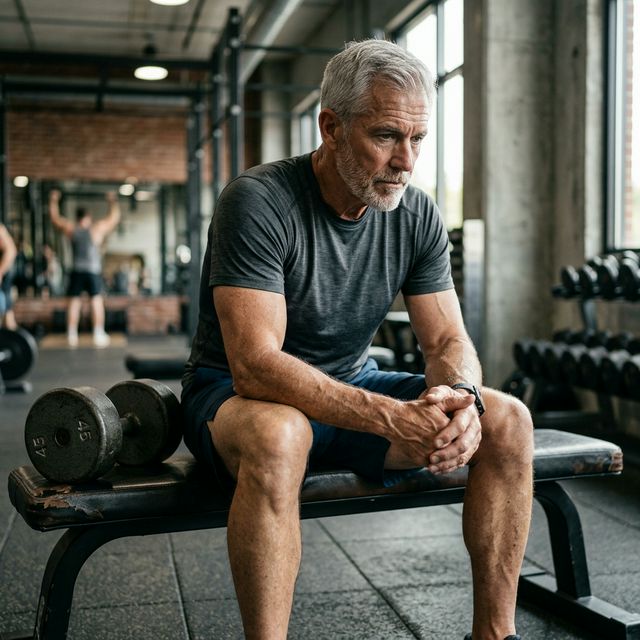 Mężczyzna po 60-tce siedzący na ławce w siłowni, zamyślony