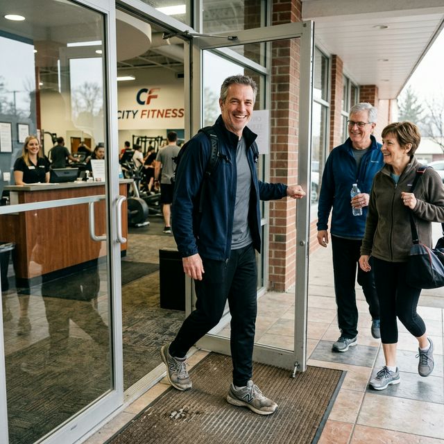 Zadowolony 50-latek wchodzący na siłownię z plecaczkiem