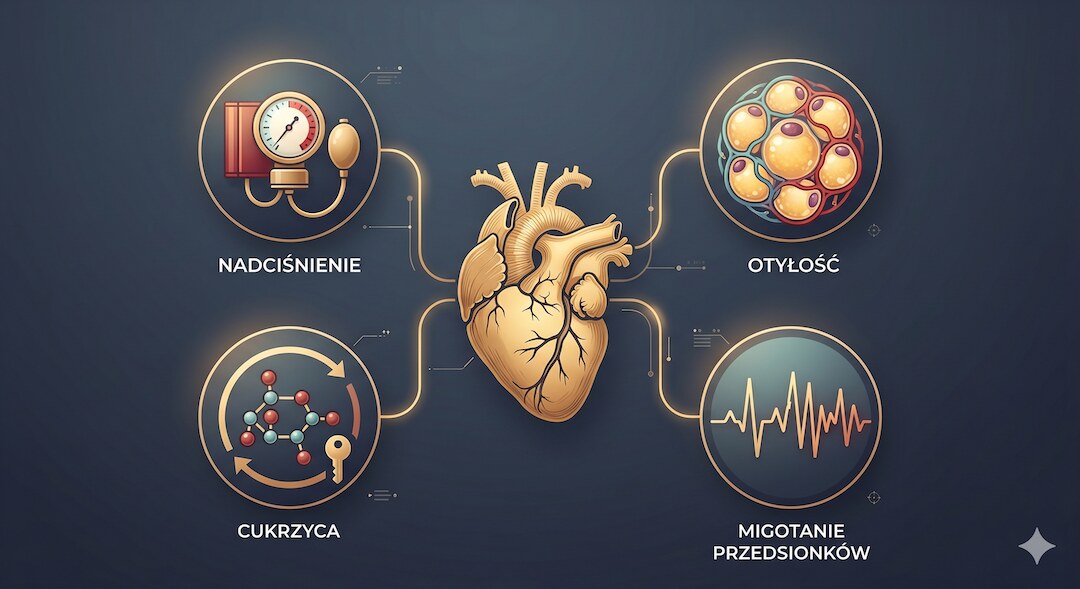 Schemat graficzny łączący strzałkami otyłość, nadciśnienie, cukrzycę i migotanie przedsionków ze stwardniałą lewą komorą serca – mechanizm HFpEF