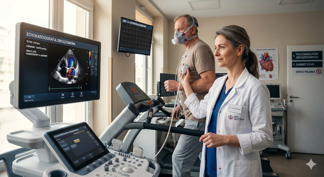Kardiolog przy aparacie ultrasonograficznym wykonuje echo wysiłkowe u pacjenta – badanie kluczowe w diagnostyce HFpEF