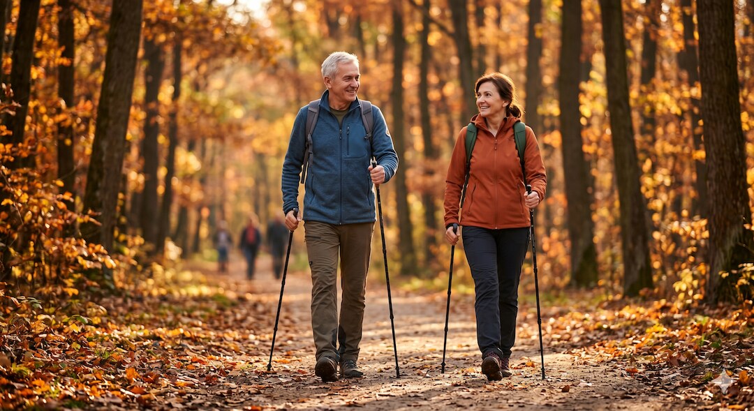 Para aktywnych seniorów w średnim wieku uprawia nordic walking w parku – symbol rehabilitacji kardiologicznej i leczenia HFpEF przez aktywność fizyczną