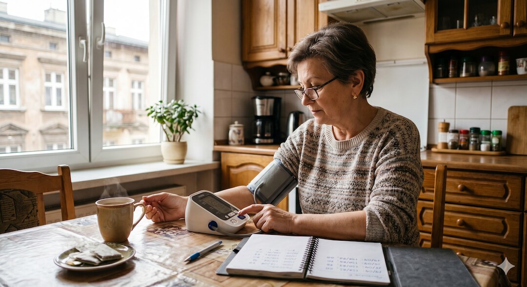 Starsza kobieta mierzy sobie ciśnienie krwi aparatem elektronicznym przy kuchennym stole – codzienny rytuał kontroli zdrowia w HFpEF
