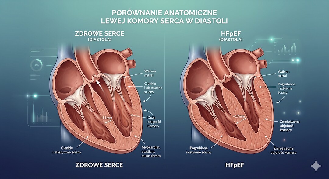 Schemat porównujący zdrowe serce i serce z HFpEF – widoczna pogrubiona ściana lewej komory i mniejsza objętość napełniania