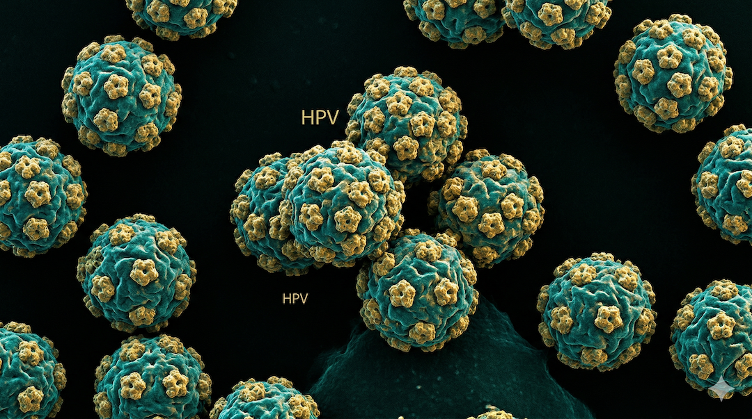 Artystyczna wizualizacja wirusa HPV pod mikroskopem elektronowym — sferyczne cząsteczki wirusowe w intensywnych kolorach na czarnym tle