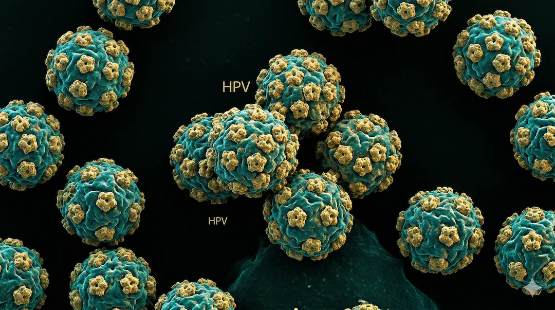 Artystyczna wizualizacja wirusa HPV pod mikroskopem elektronowym — sferyczne cząsteczki wirusowe w intensywnych kolorach na czarnym tle