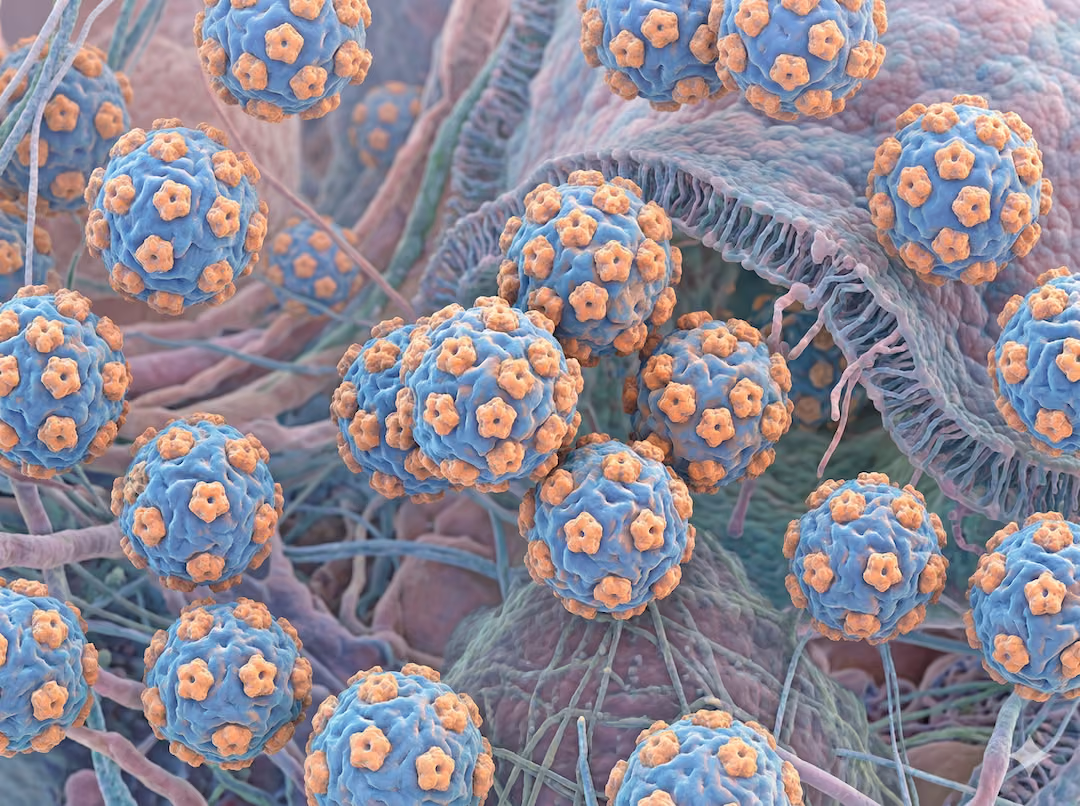Renderowanie 3D cząsteczek wirusa HPV — sferyczne struktury białkowe unoszące się na ciemnym tle, wizualizacja naukowa