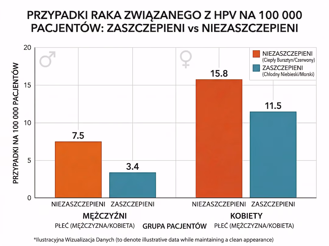 Wykres słupkowy: liczba nowotworów HPV na 100 000 pacjentów — zaszczepieni vs niezaszczepieni, mężczyźni i kobiety