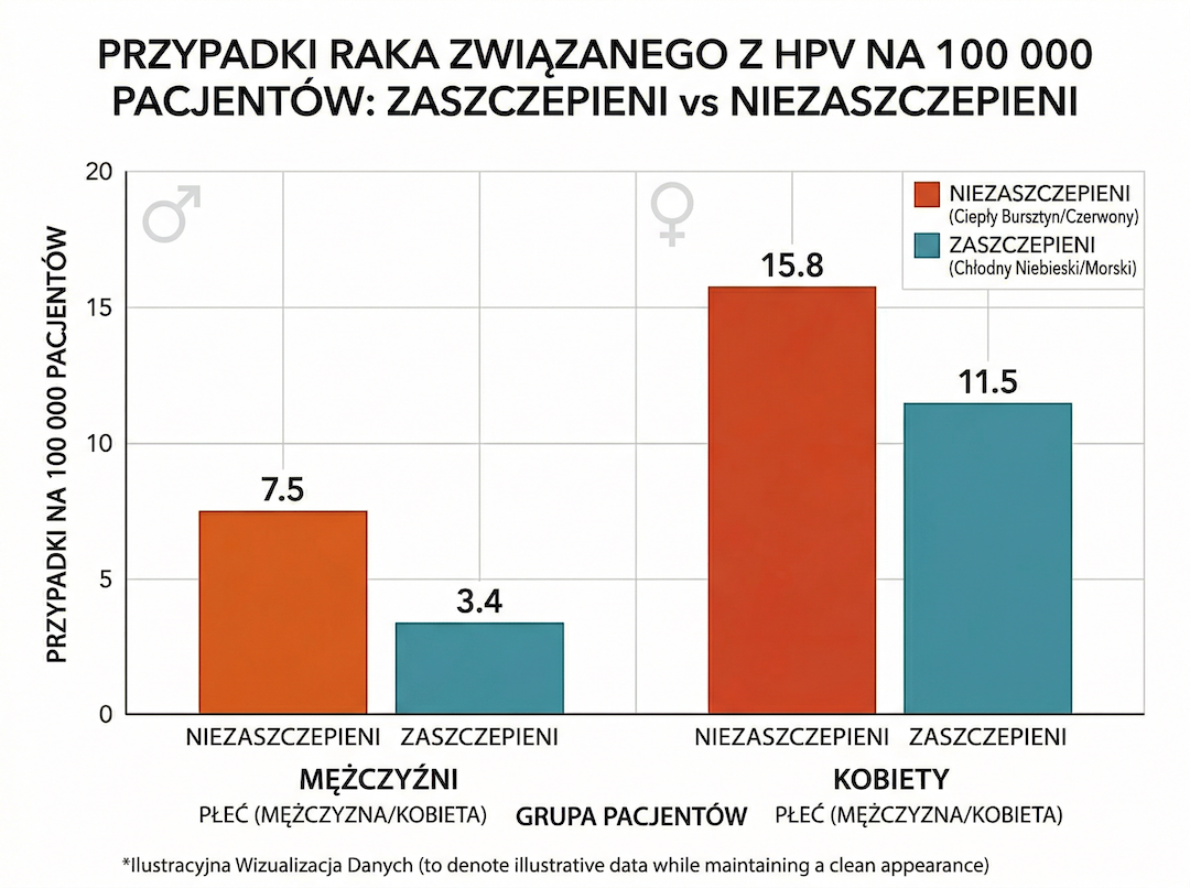 Wykres słupkowy: liczba nowotworów HPV na 100 000 pacjentów — zaszczepieni vs niezaszczepieni, mężczyźni i kobiety