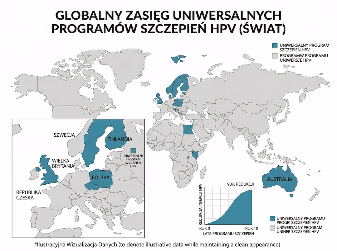 Mapa świata z zaznaczonymi krajami posiadającymi powszechne programy szczepień HPV i wykresem redukcji zakażeń