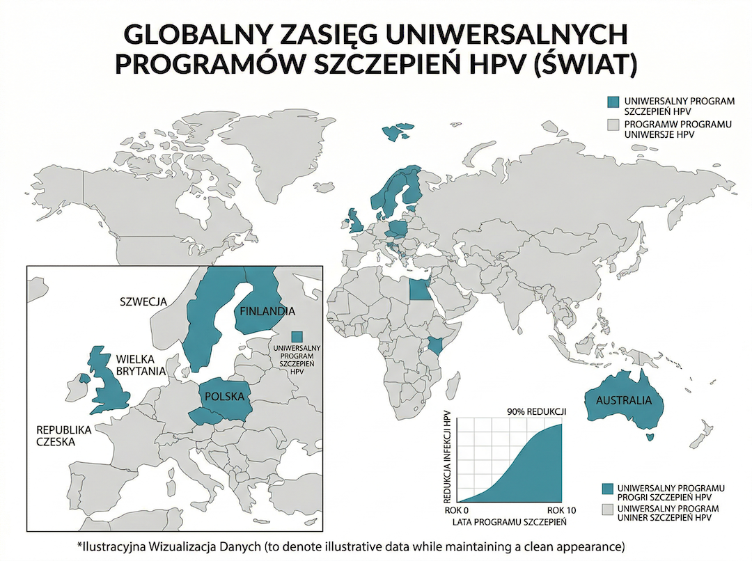 Mapa świata z zaznaczonymi krajami posiadającymi powszechne programy szczepień HPV i wykresem redukcji zakażeń