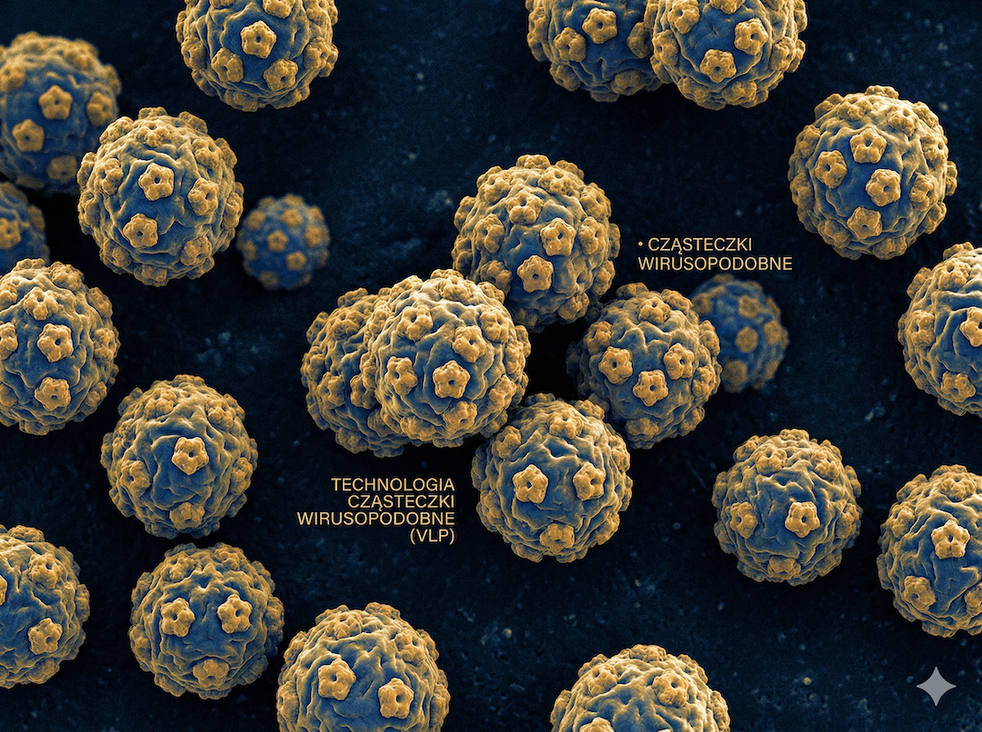 Mikroskopowe zdjęcie cząstek wirusopodobnych HPV (VLP) — nanotechnologiczna struktura białkowa szczepionki w stylu elektronowej mikroskopii