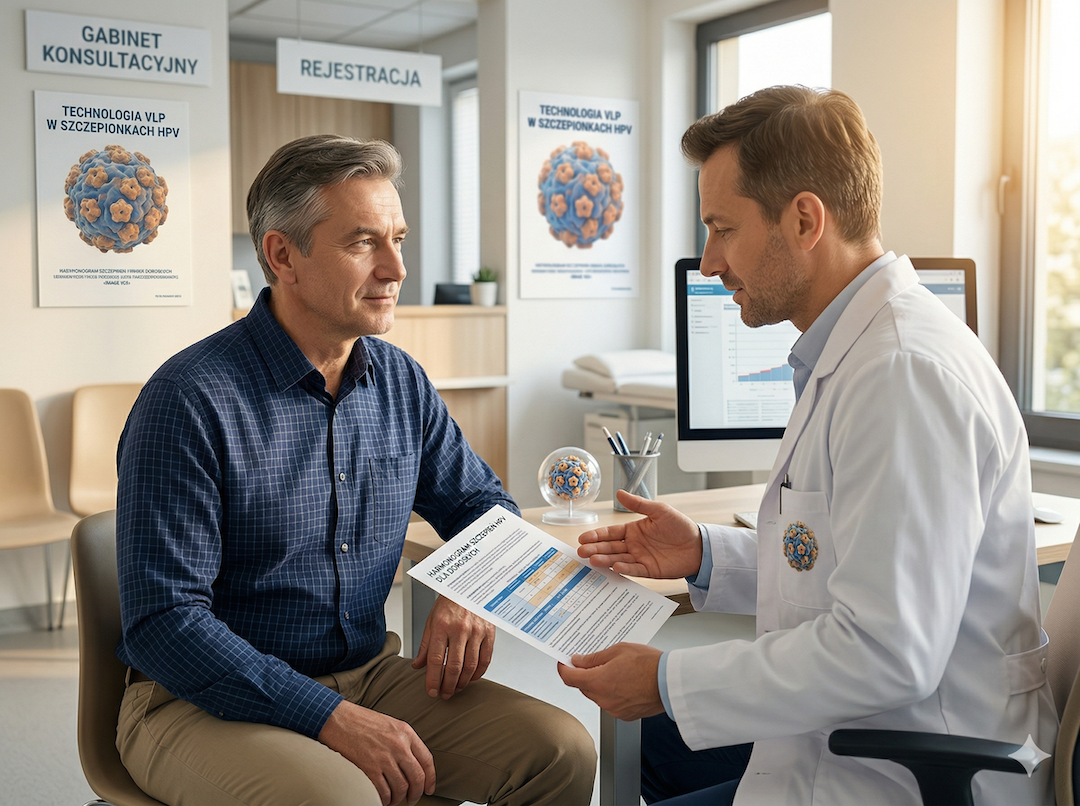 Mężczyzna po pięćdziesiątce w gabinecie lekarskim — spokojnie rozmawia z lekarzem o szczepieniu, nowoczesna przychodnia