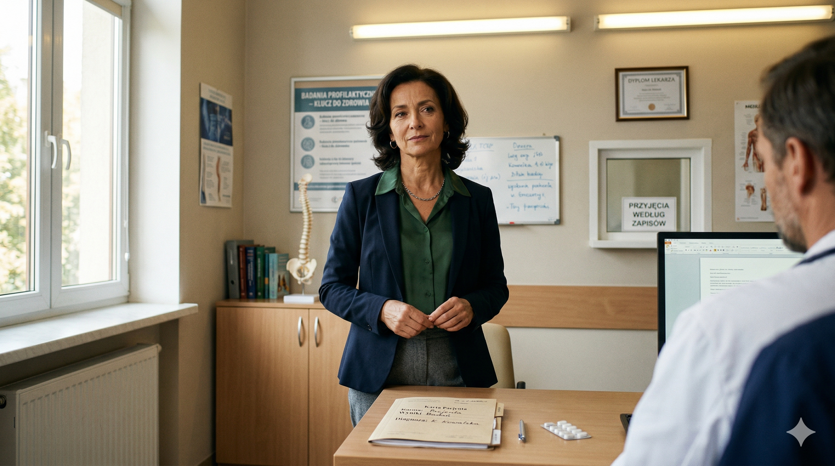 Pewna siebie kobieta po pięćdziesiątce w gabinecie lekarskim — spokojna, świadoma, nieustraszona