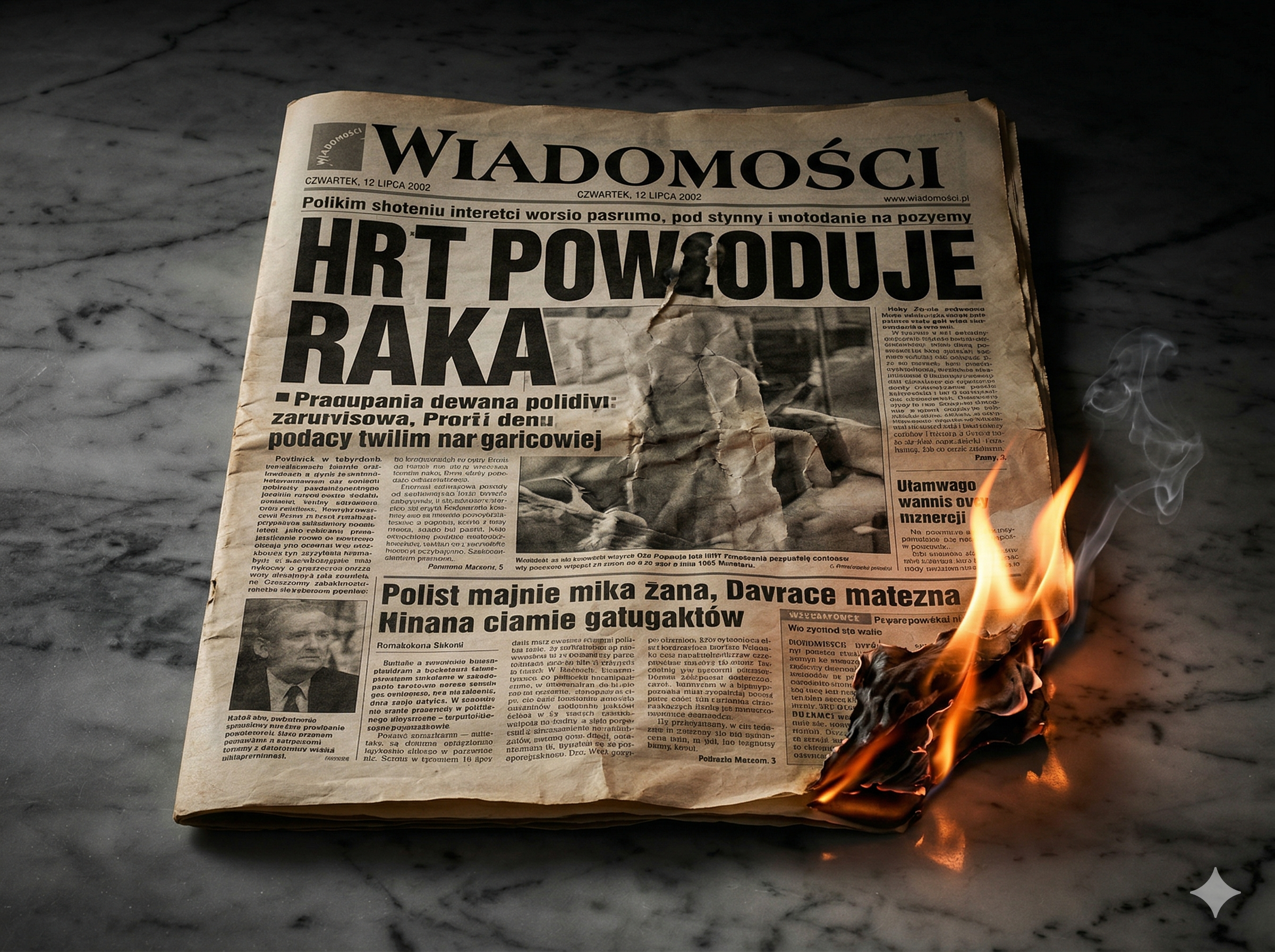 Strona gazety z 2002 roku z dramatycznym nagłówkiem o HRT, płonąca elegancko jednym rogiem