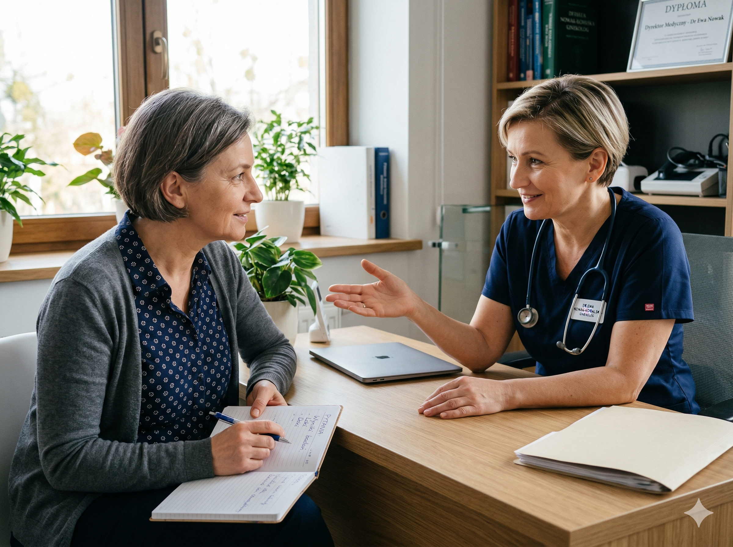 Kobieta po pięćdziesiątce w równoprawnej rozmowie z lekarką — obie pochylone ku sobie, zaangażowane