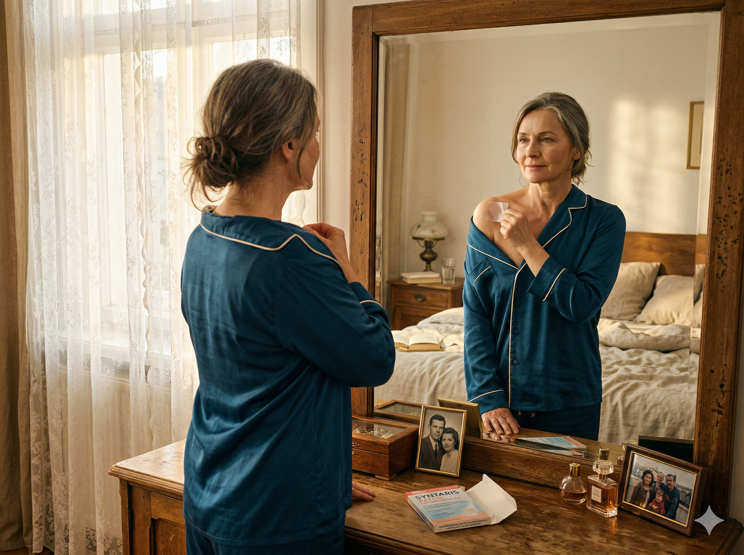 Kobieta po pięćdziesiątce nakłada plaster hormonalny na ramię o poranku — spokojnie, jak codzienną rutynę