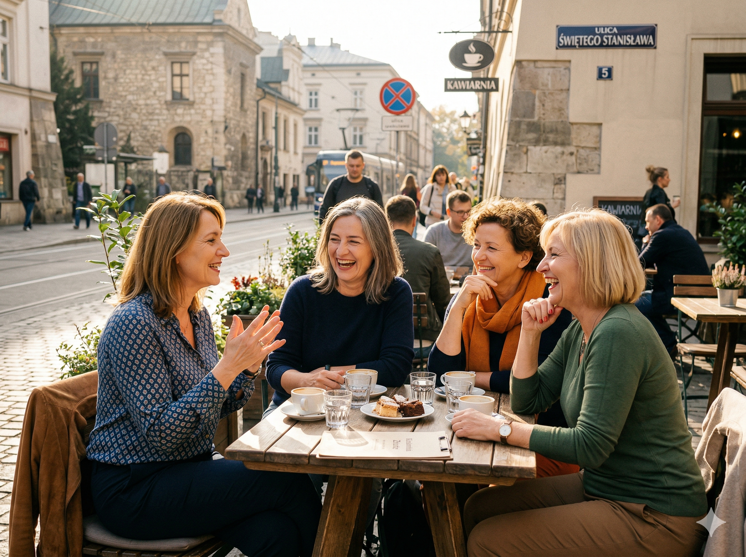 Cztery polskie kobiety po pięćdziesiątce śmieją się przy stoliku w kawiarni — żywotne, obecne, zdrowe