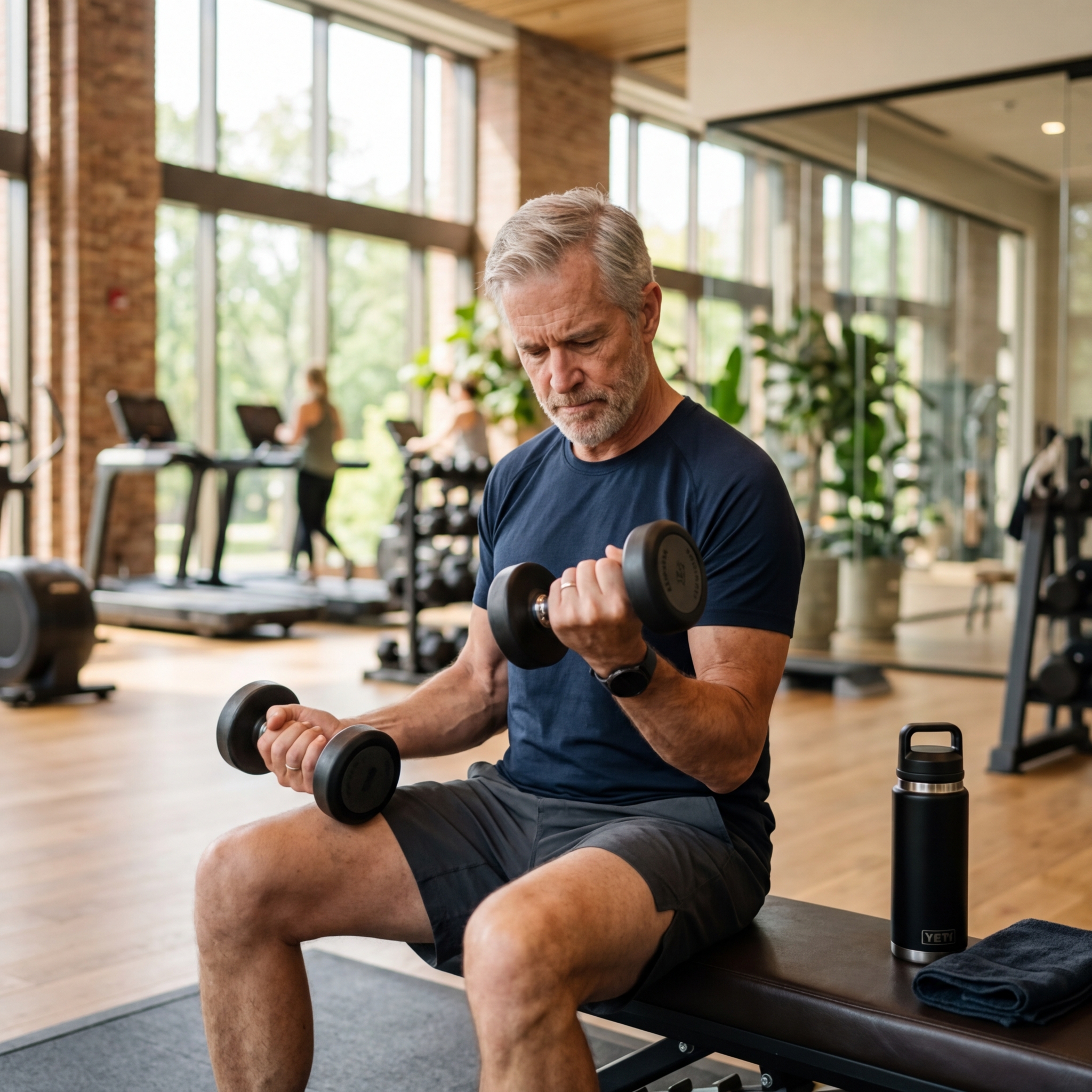 Mężczyzna ćwiczący z hantlami, obok butelka wody