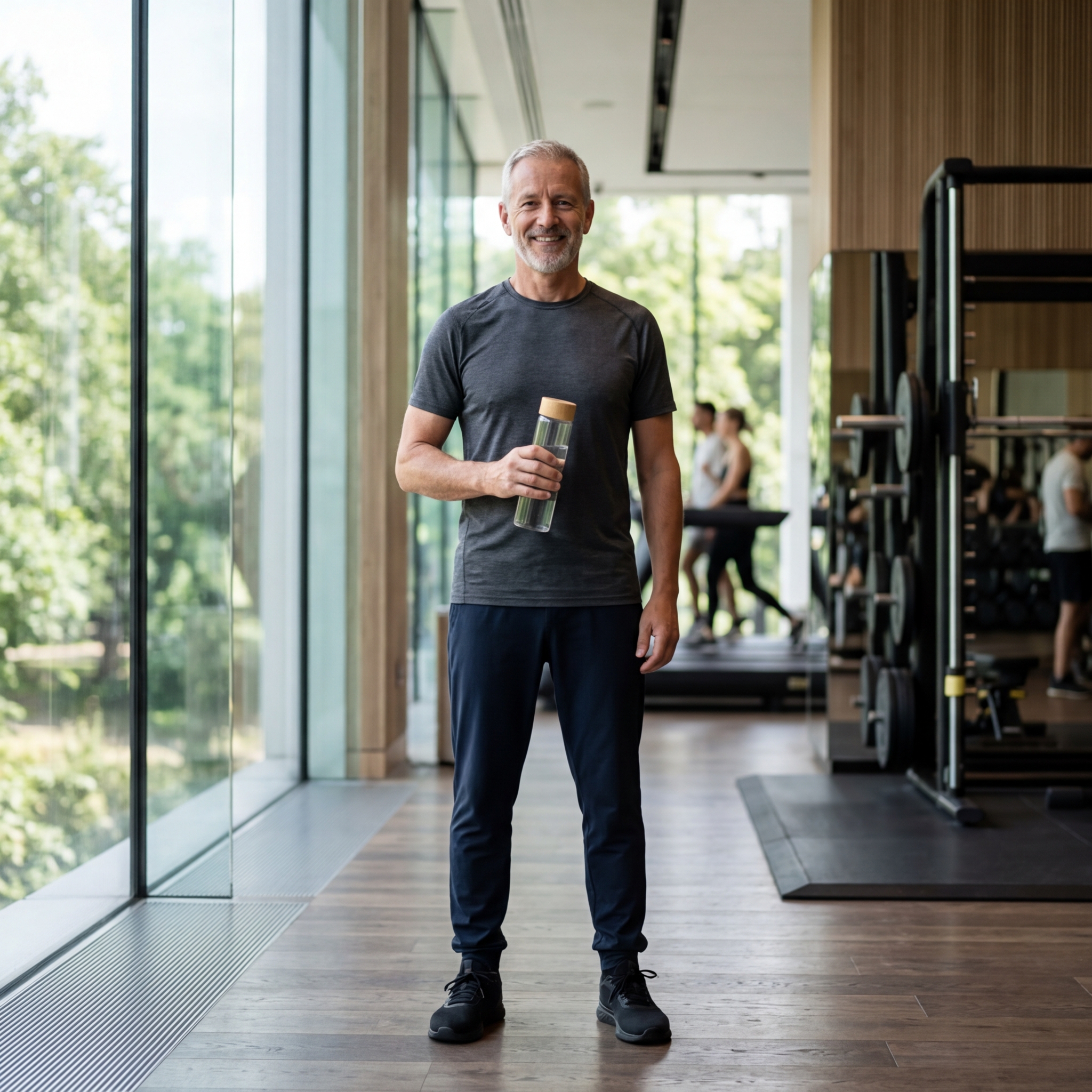 Dojrzały mężczyzna z butelką wody na nowoczesnej siłowni