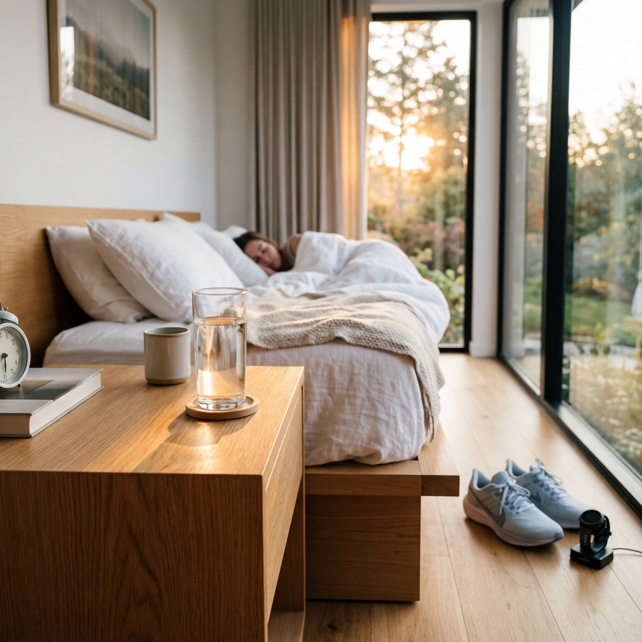 Szklanka wody na szafce nocnej o poranku
