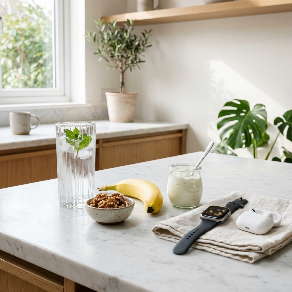 Zdrowe przekąski potreningowe i szklanka wody