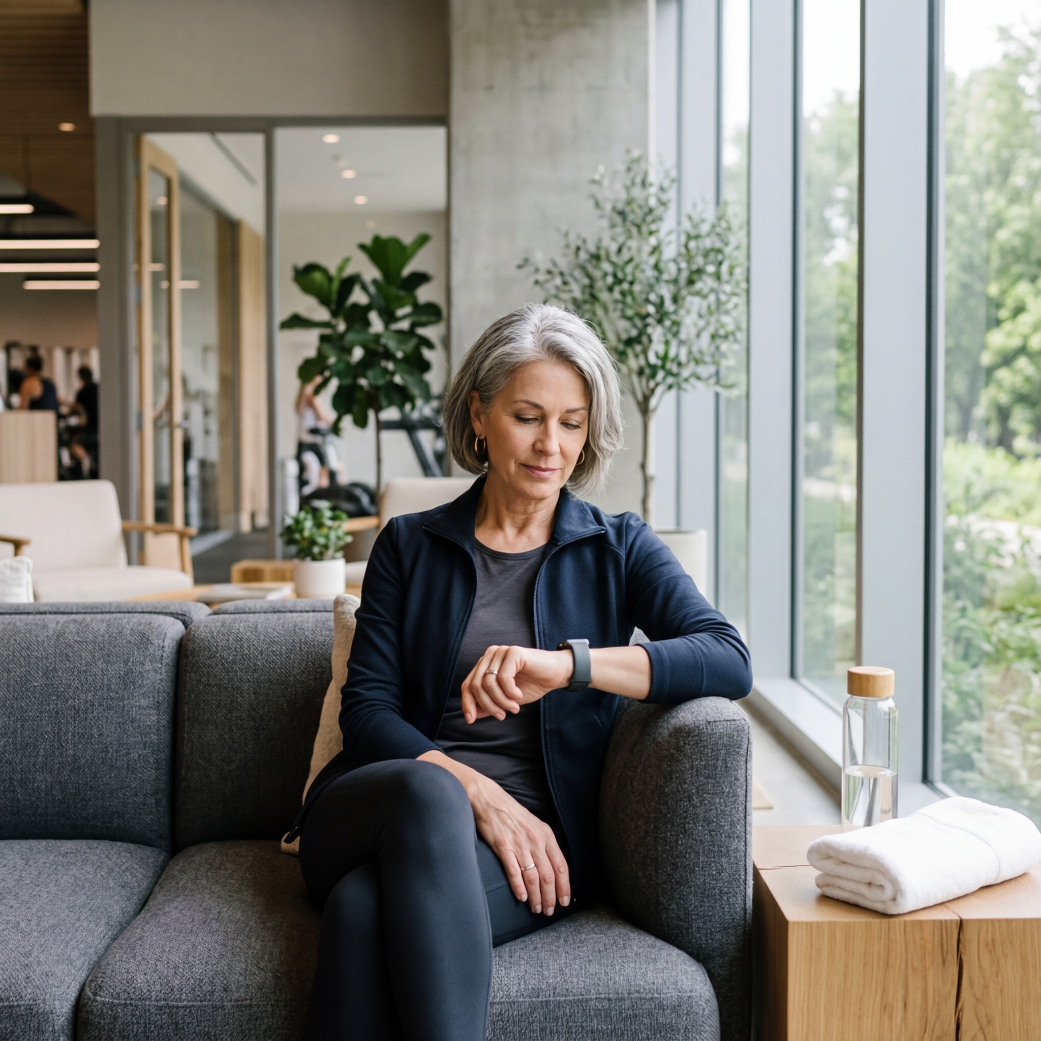 Kobieta po treningu sprawdzająca smartwatch