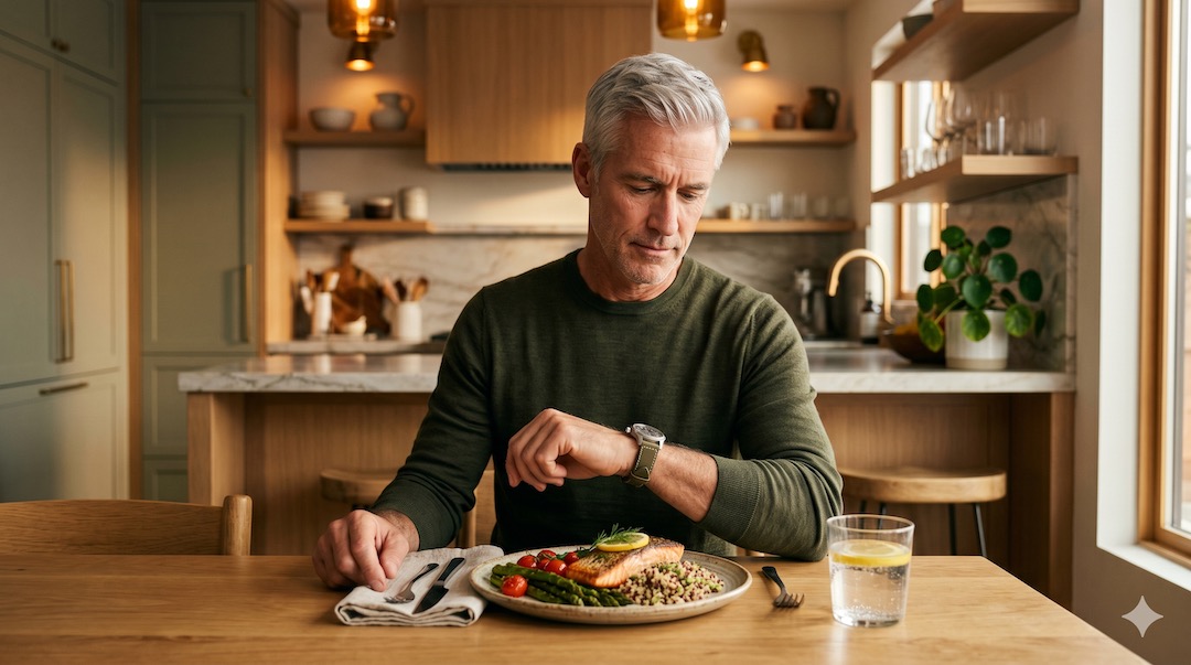 Dojrzały mężczyzna przy stole z zegarkiem i zdrowym posiłkiem — post przerywany po 50-tce