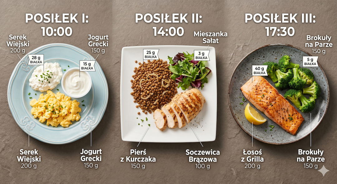 Trzy posiłki bogate w białko rozłożone w oknie żywieniowym 8 godzin — plan TRE 16:8